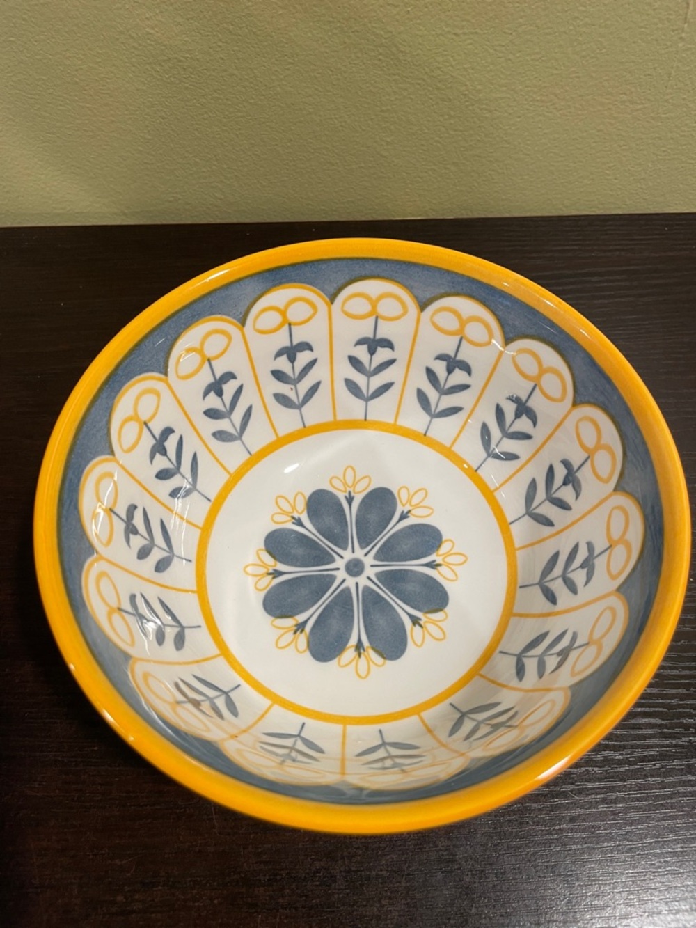 Set of 2 Decorative Yellow and Blue Ceramic Serving Bowls
